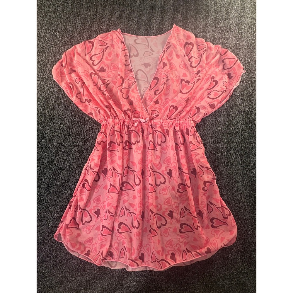 Y2K style Pink Heart Print Mesh Mini Dress Sheer V-Neck Elastic Waist Cover Up